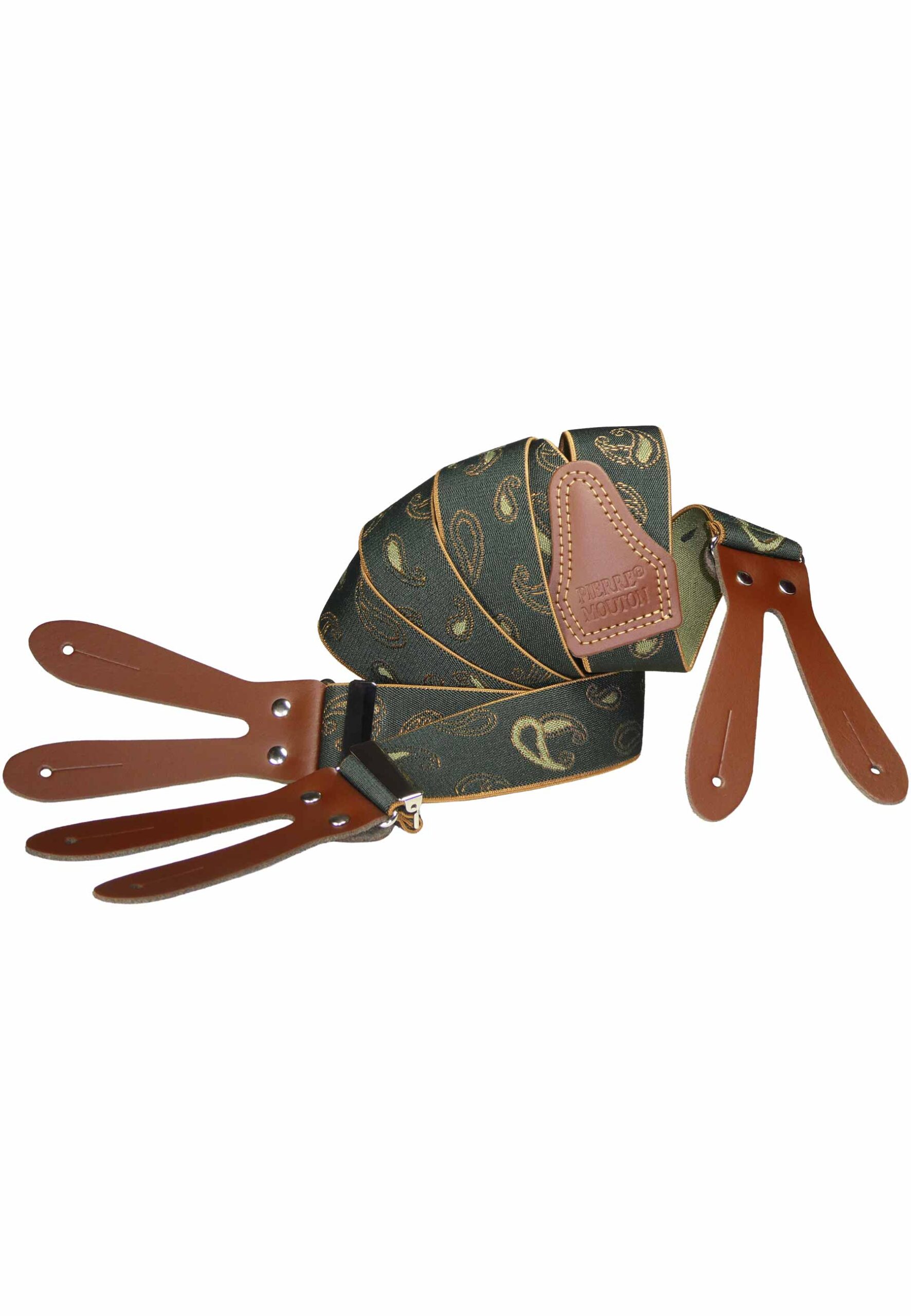 Groene paisley bretel met handgemaakte lederen patten van Pierre Mouton.