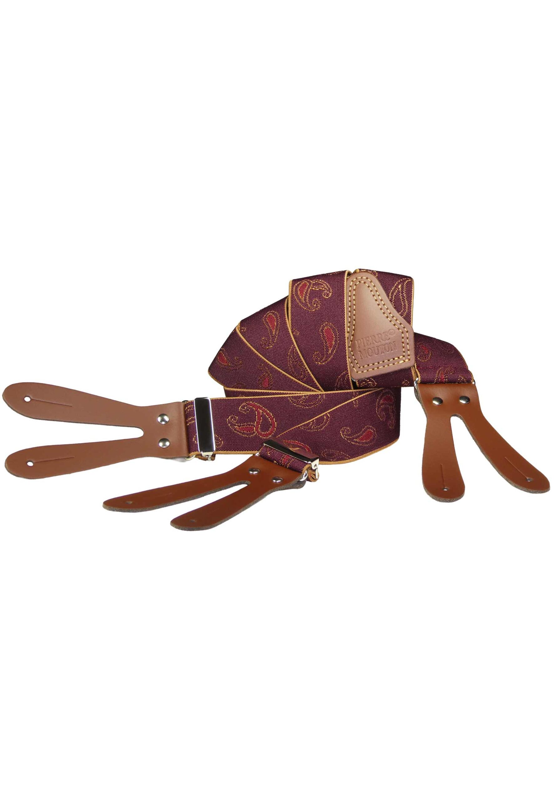Rode paisley bretel met handgemaakte lederen patten van Pierre Mouton.